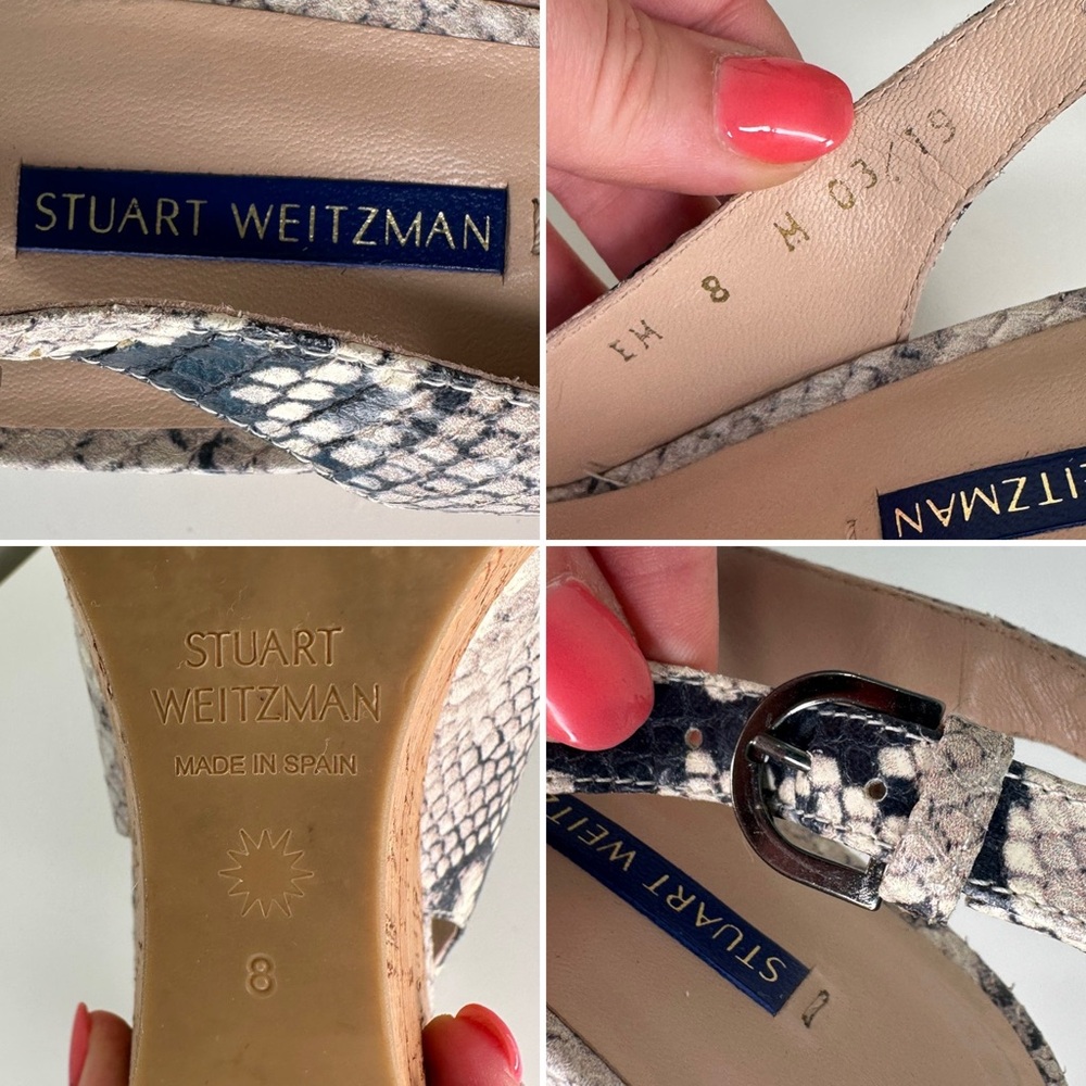 Stuart Weitzman Snakeskin Leather Cork Wedge Heels 8 | Peep Toe Slingback - Picture 12 of 13